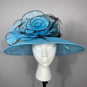 Blue and Black White Brimmed hat with Bow. August Hats. Elegant! Colorful.